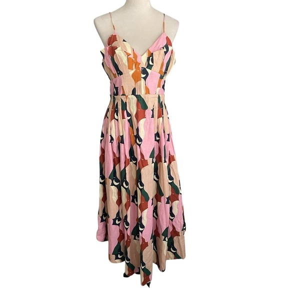 Farm Rio Multicolor Abstract Midi Dress Spaghetti Straps Fit & Flare Boho Size L - Picture 3 of 9
